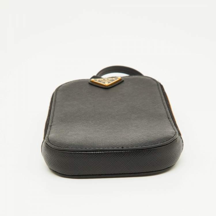 Pre Owned Prada Black Saffiano Lux Leather Logo Phone Crossbody Bag