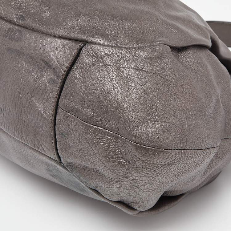 Pre Owned Prada Metallic Grey Pleated Leather Hobo