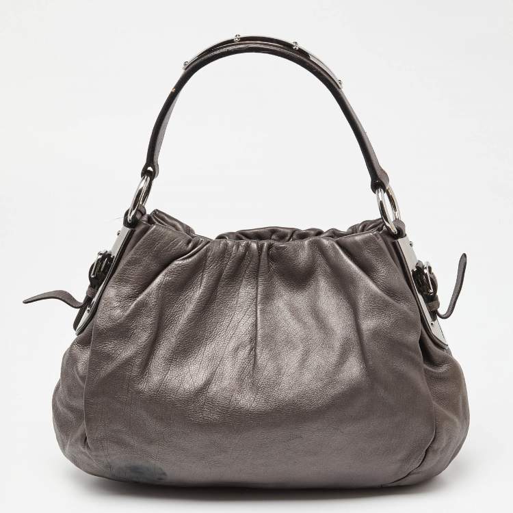 Pre Owned Prada Metallic Grey Pleated Leather Hobo