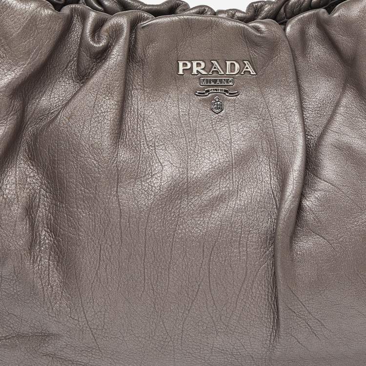 Pre Owned Prada Metallic Grey Pleated Leather Hobo