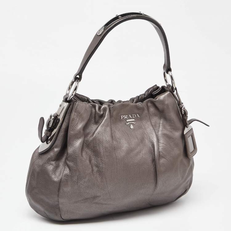 Pre Owned Prada Metallic Grey Pleated Leather Hobo