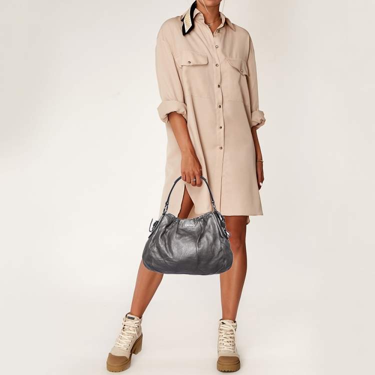 Pre Owned Prada Metallic Grey Pleated Leather Hobo