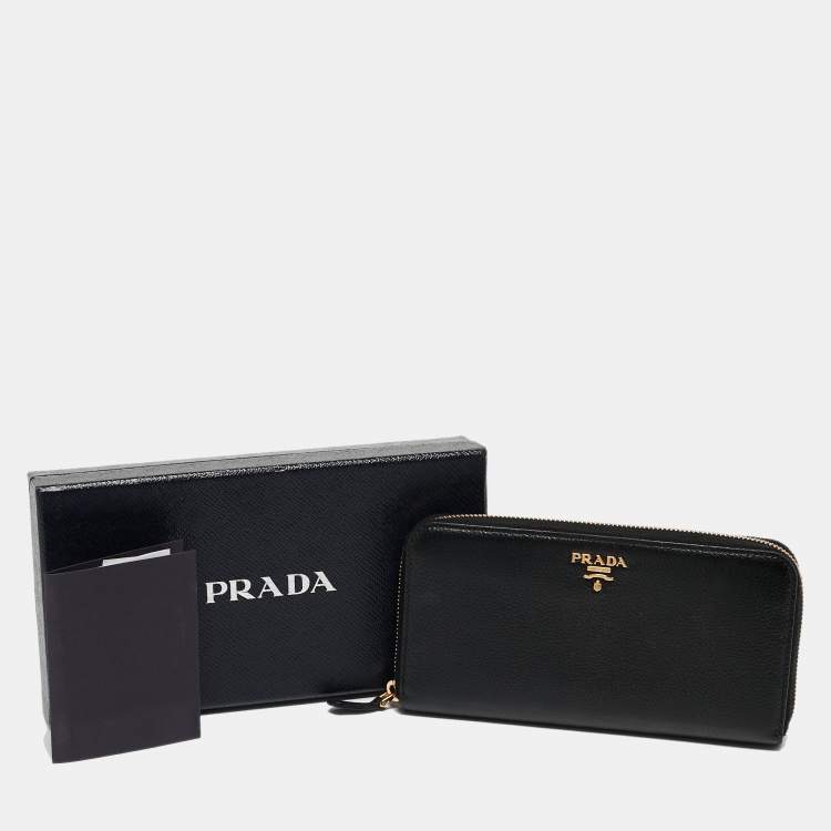 Pre Owned Prada Black Vitello Diano Leather Zip Around Continental Wallet