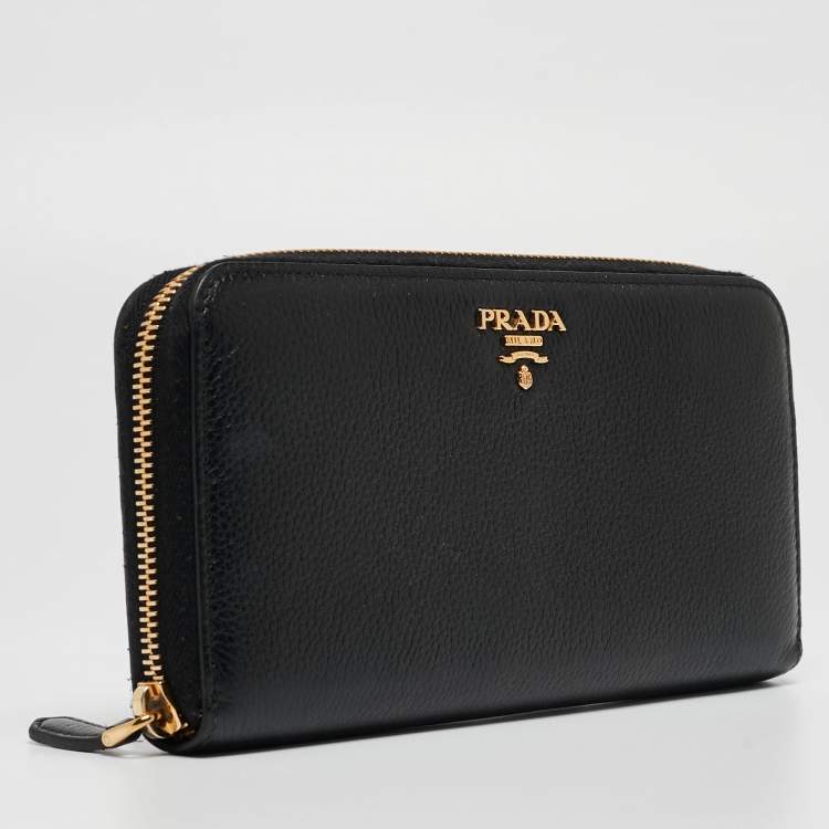 Pre Owned Prada Black Vitello Diano Leather Zip Around Continental Wallet