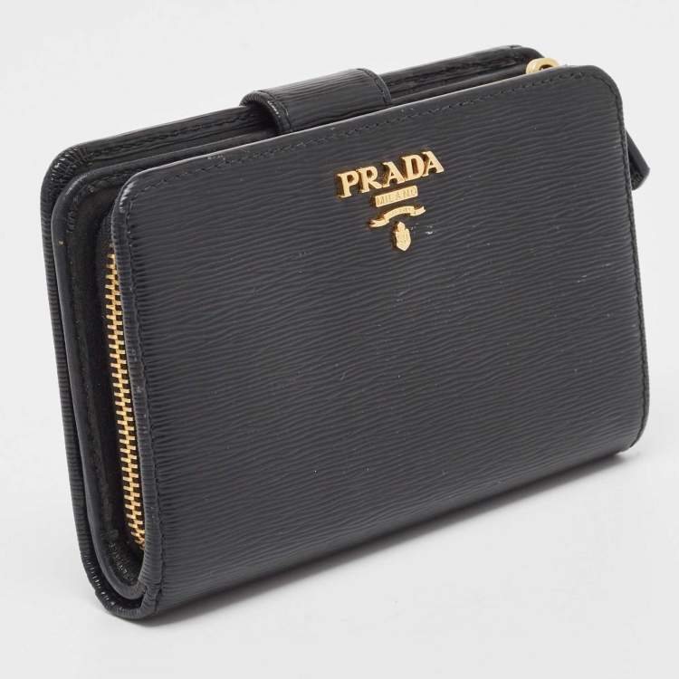 Pre Owned Prada Black Vitello Move Leather French Compact Wallet