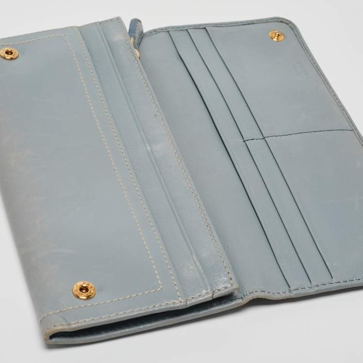 Pre Owned Prada Light Blue Leather Logo Flap Continental Wallet