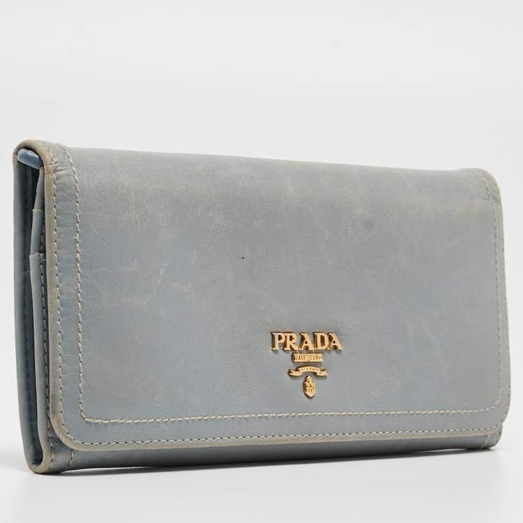 Pre Owned Prada Light Blue Leather Logo Flap Continental Wallet