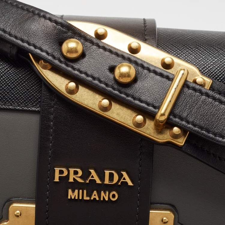 Pre Owned Prada Black/Grey Saffiano Leather Cahier Flap Shoulder Bag