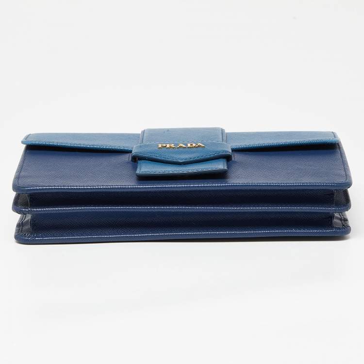 Pre Owned Prada Two Tone Blue Saffiano Leather Flap Crossbody Bag