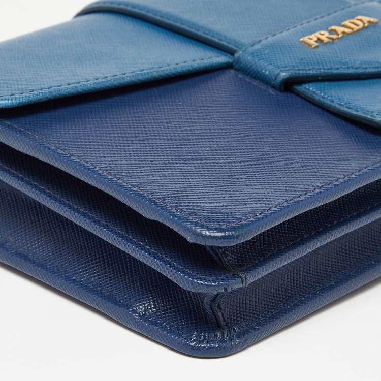 Pre Owned Prada Two Tone Blue Saffiano Leather Flap Crossbody Bag