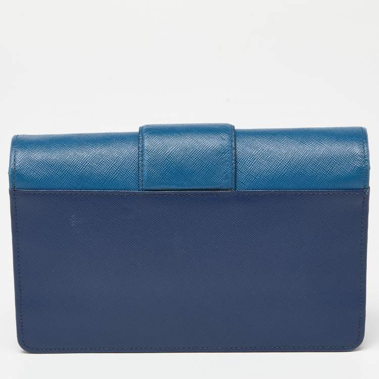 Pre Owned Prada Two Tone Blue Saffiano Leather Flap Crossbody Bag