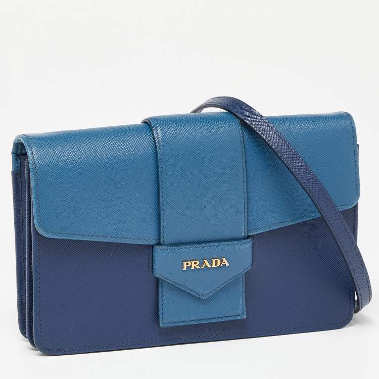Pre Owned Prada Two Tone Blue Saffiano Leather Flap Crossbody Bag