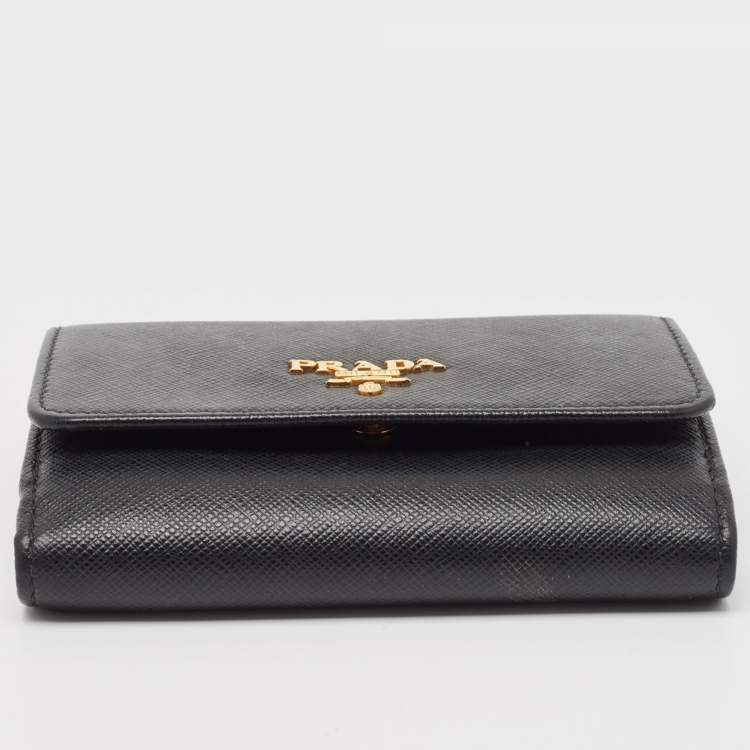 Pre Owned Prada Black Saffiano Metal Leather Logo Compact Wallet