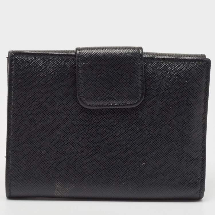 Pre Owned Prada Black Saffiano Metal Leather Logo Compact Wallet