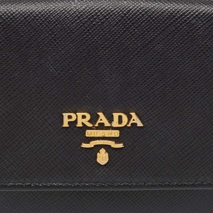 Pre Owned Prada Black Saffiano Metal Leather Logo Compact Wallet