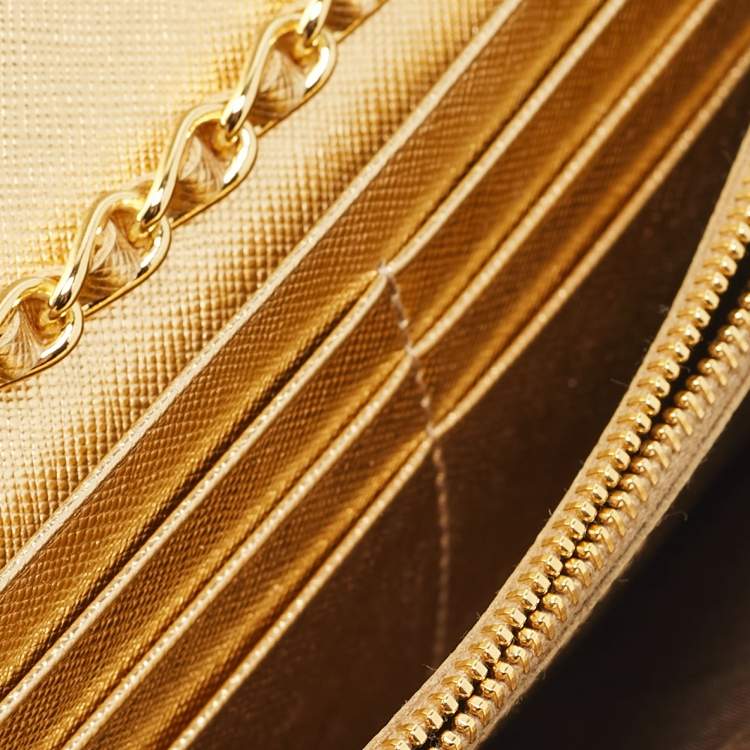 Pre Owned Prada Gold Saffiano Metal Leather Wallet on Chain