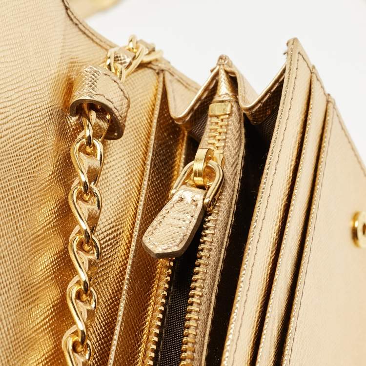 Pre Owned Prada Gold Saffiano Metal Leather Wallet on Chain