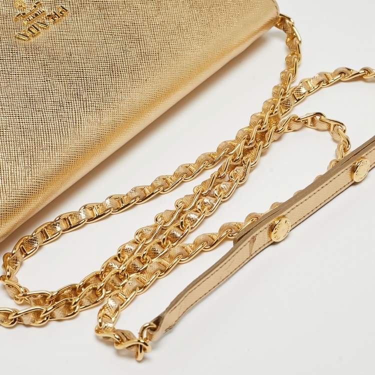 Pre Owned Prada Gold Saffiano Metal Leather Wallet on Chain