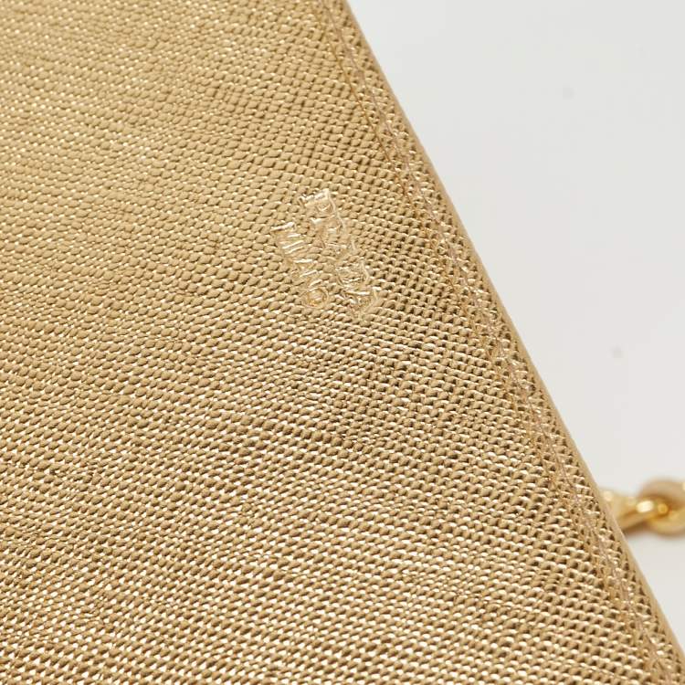 Pre Owned Prada Gold Saffiano Metal Leather Wallet on Chain