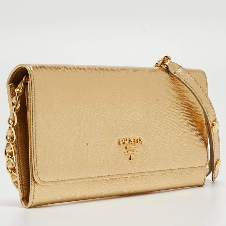 Pre Owned Prada Gold Saffiano Metal Leather Wallet on Chain