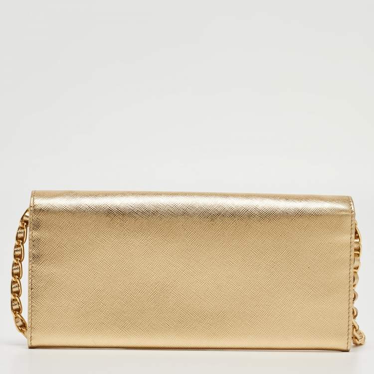Pre Owned Prada Gold Saffiano Metal Leather Wallet on Chain