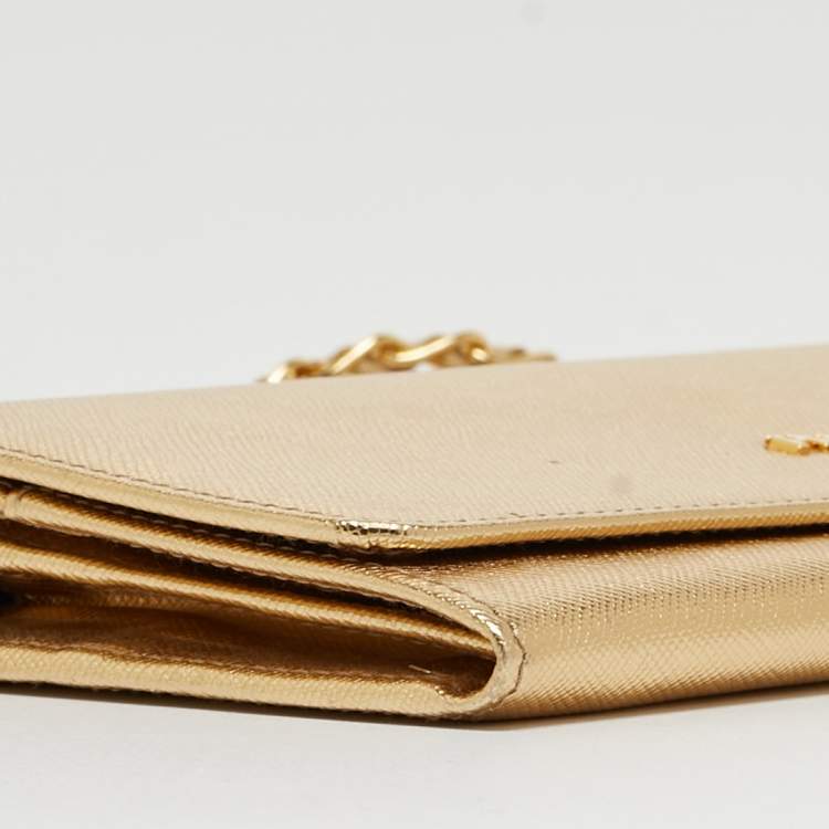 Pre Owned Prada Gold Saffiano Metal Leather Wallet on Chain
