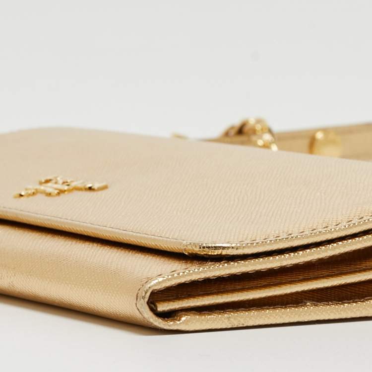 Pre Owned Prada Gold Saffiano Metal Leather Wallet on Chain