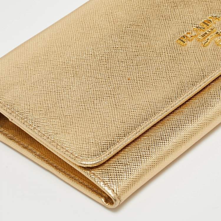 Pre Owned Prada Gold Saffiano Metal Leather Wallet on Chain