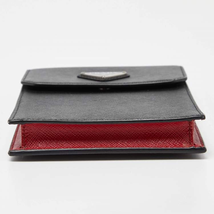 Pre Owned Prada Black/Red Saffiano Leather Logo Phone Crossbody Bag