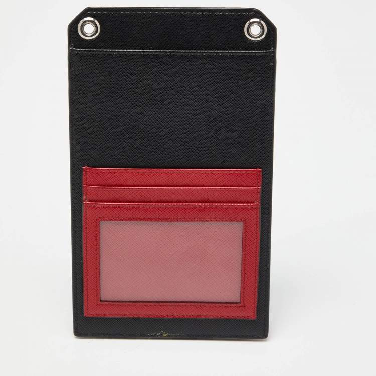 Pre Owned Prada Black/Red Saffiano Leather Logo Phone Crossbody Bag