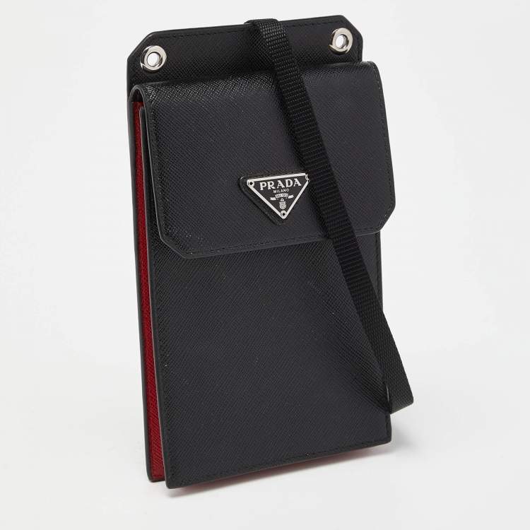 Pre Owned Prada Black/Red Saffiano Leather Logo Phone Crossbody Bag