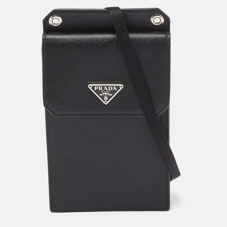 Pre Owned Prada Black/Red Saffiano Leather Logo Phone Crossbody Bag