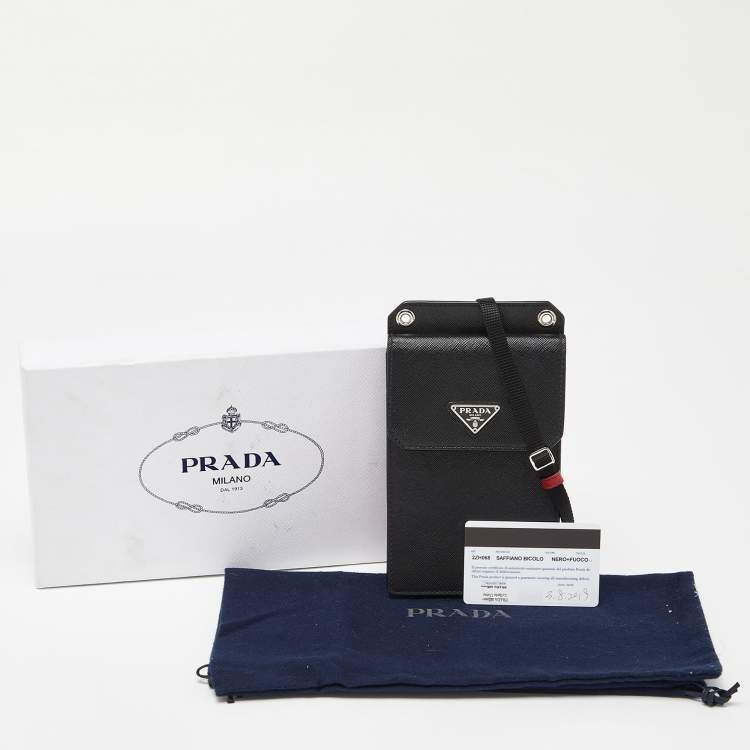Pre Owned Prada Black/Red Saffiano Leather Logo Phone Crossbody Bag