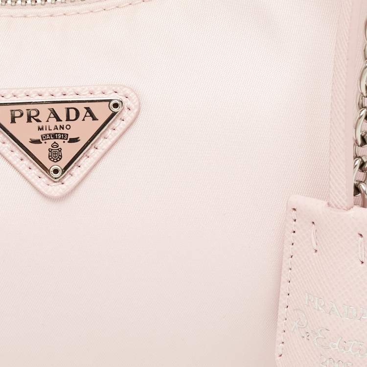 Pre Owned Prada Light Pink Nylon and Leather Re-Edition 2005 Baguette Bag