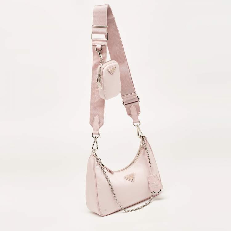 Pre Owned Prada Light Pink Nylon and Leather Re-Edition 2005 Baguette Bag