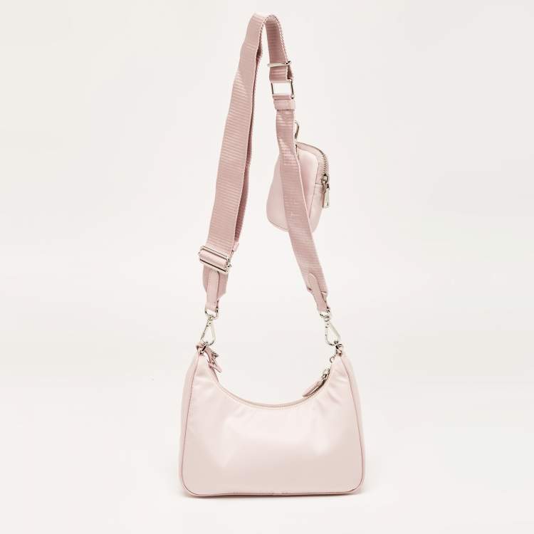 Pre Owned Prada Light Pink Nylon and Leather Re-Edition 2005 Baguette Bag