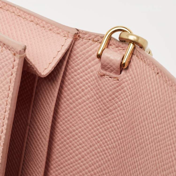Pre Owned Prada Pink Saffiano Cuir Leather Wallet On Chain