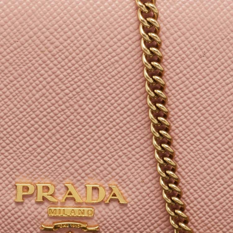 Pre Owned Prada Pink Saffiano Cuir Leather Wallet On Chain