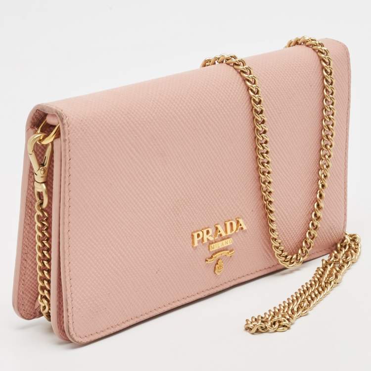 Pre Owned Prada Pink Saffiano Cuir Leather Wallet On Chain