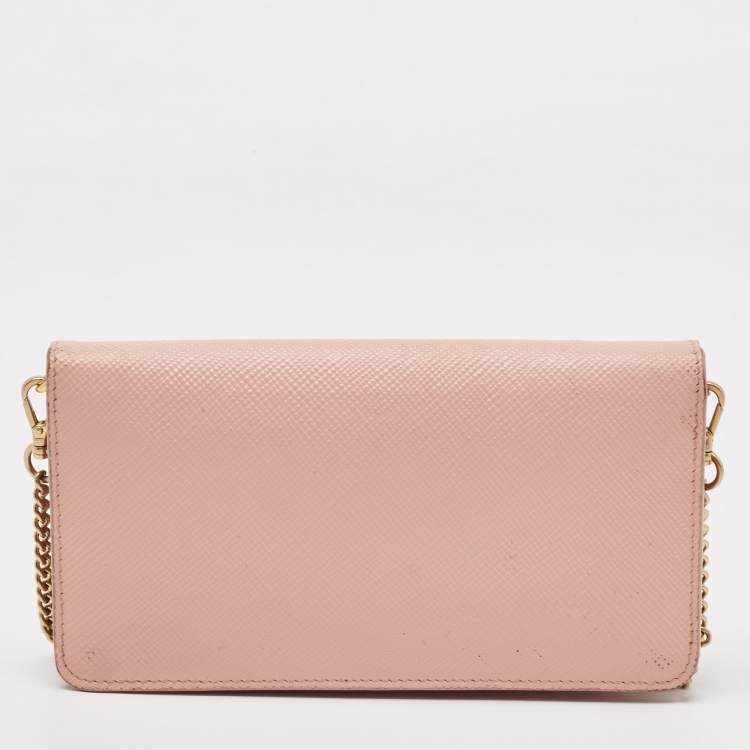 Pre Owned Prada Pink Saffiano Cuir Leather Wallet On Chain