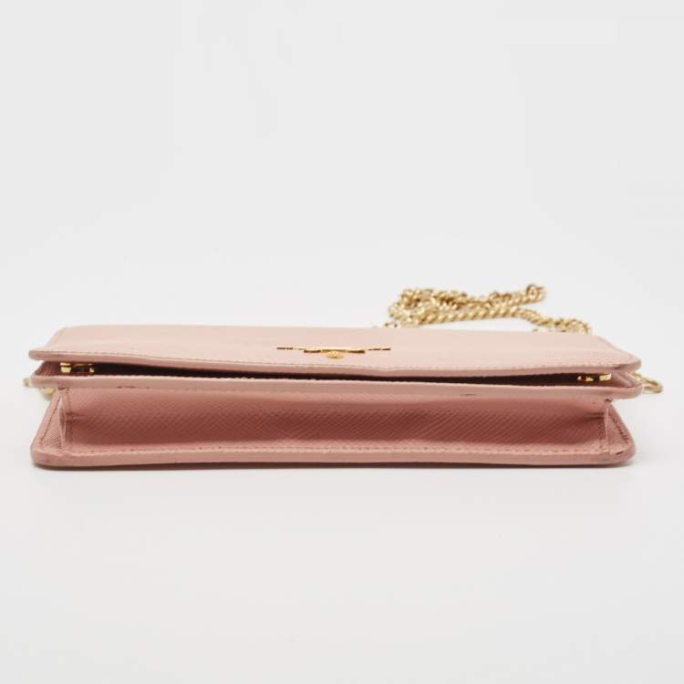 Pre Owned Prada Pink Saffiano Cuir Leather Wallet On Chain