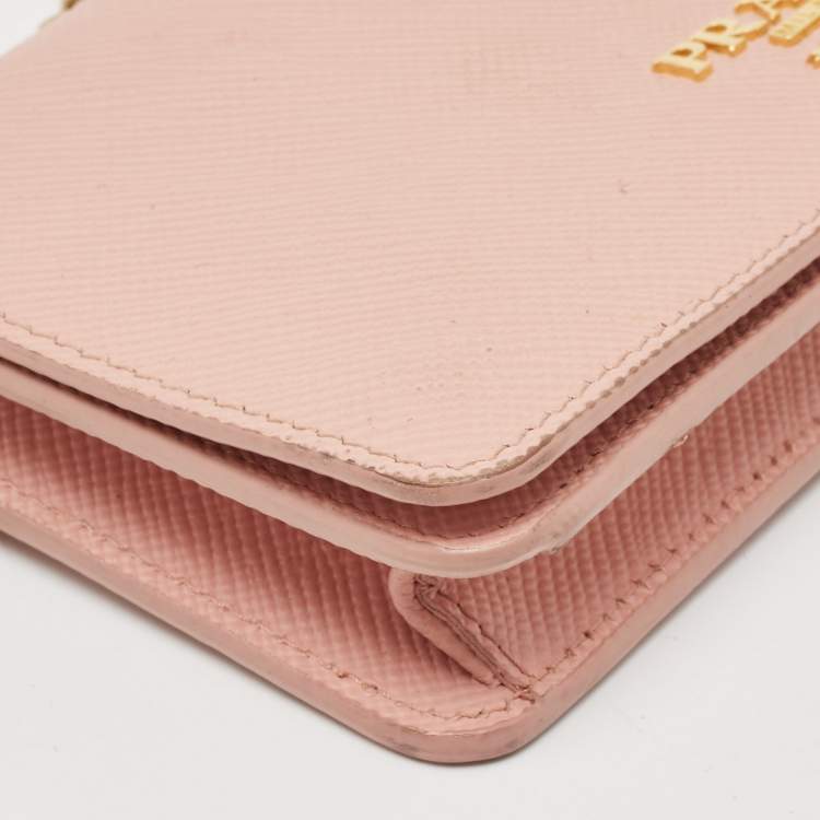 Pre Owned Prada Pink Saffiano Cuir Leather Wallet On Chain