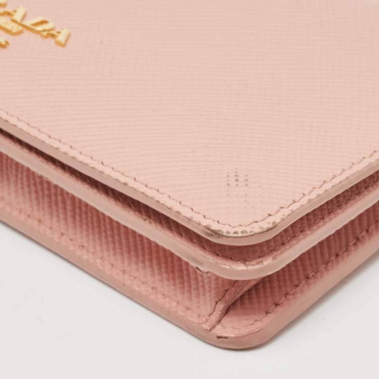 Pre Owned Prada Pink Saffiano Cuir Leather Wallet On Chain