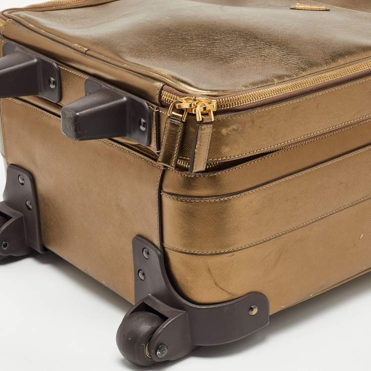 Pre Owned Prada Metallic Gold Saffiano Leather Travel Rolling Trolley Luggage