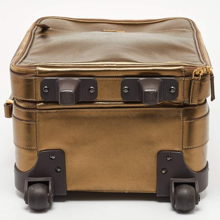 Pre Owned Prada Metallic Gold Saffiano Leather Travel Rolling Trolley Luggage