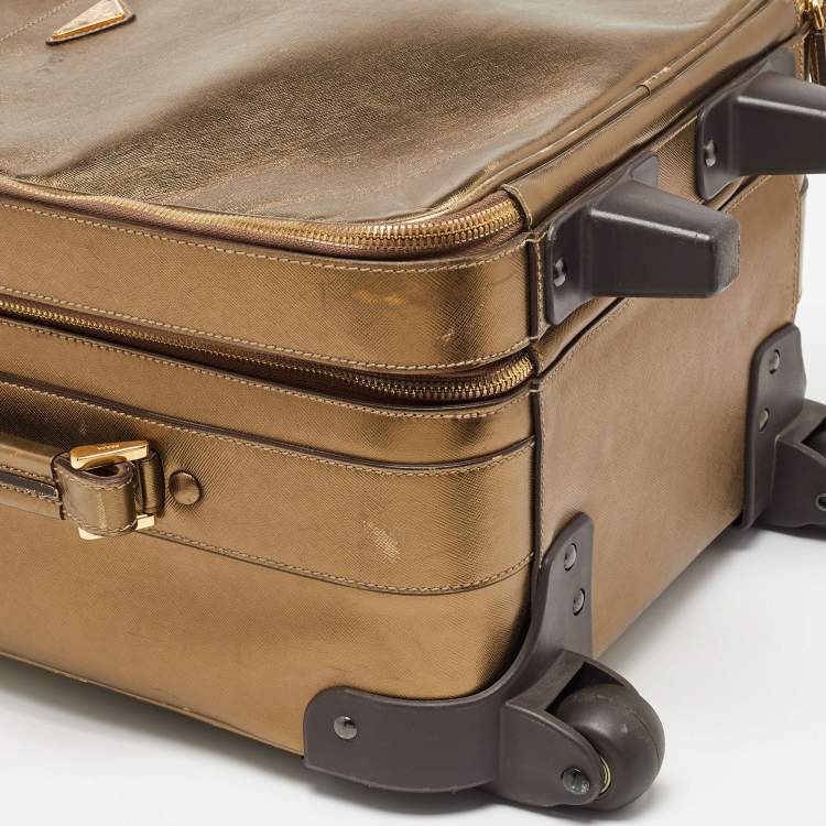Pre Owned Prada Metallic Gold Saffiano Leather Travel Rolling Trolley Luggage