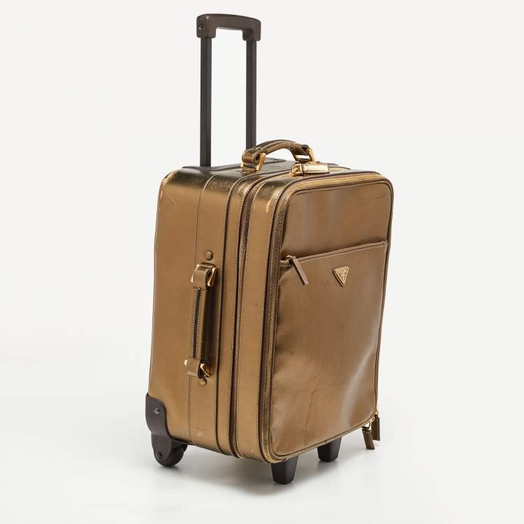 Pre Owned Prada Metallic Gold Saffiano Leather Travel Rolling Trolley Luggage