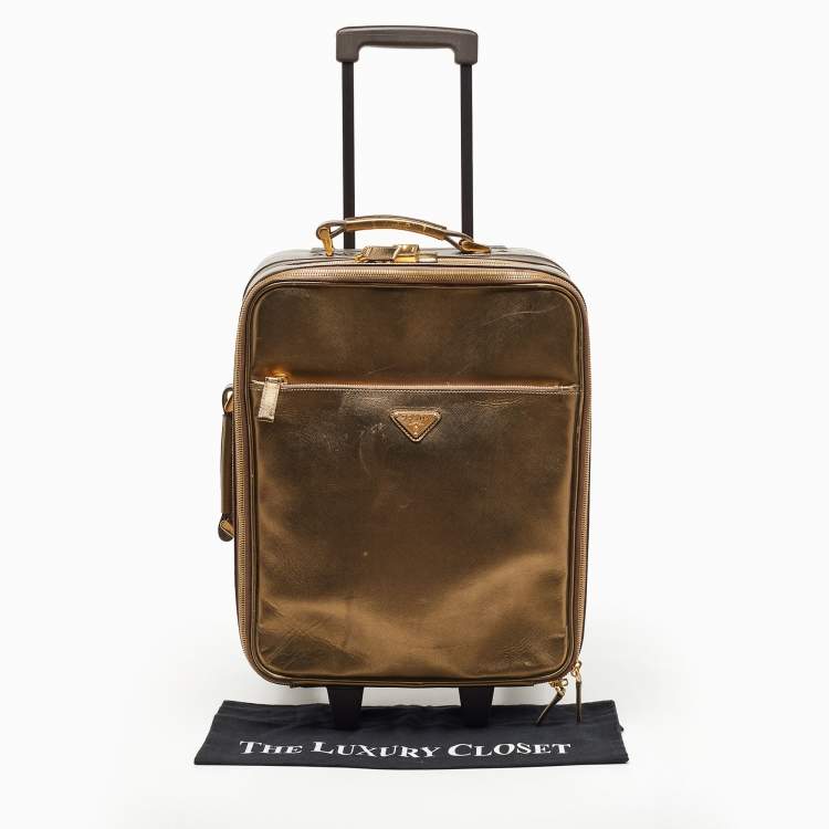 Pre Owned Prada Metallic Gold Saffiano Leather Travel Rolling Trolley Luggage