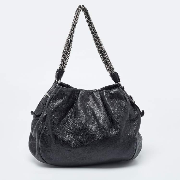 Pre Owned Prada Black Cervo Leather Chain Hobo