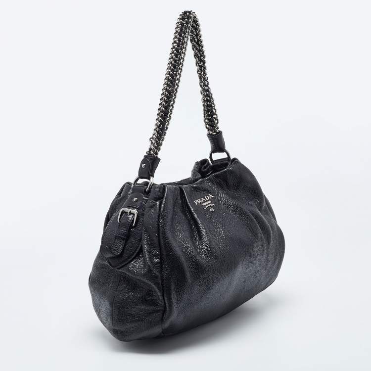 Pre Owned Prada Black Cervo Leather Chain Hobo